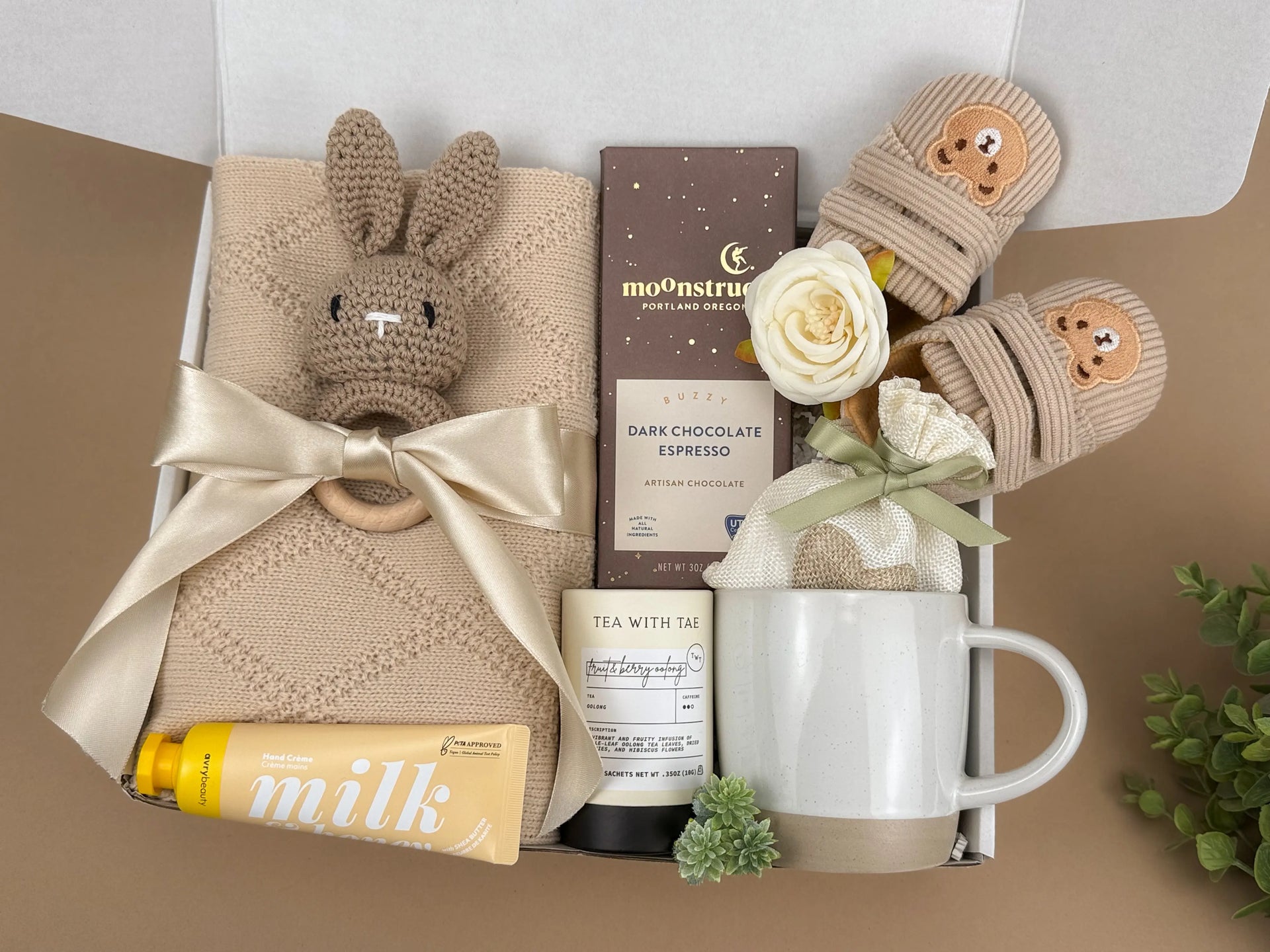New Mom Comfort Gift Set | Baby Blanket, Bunny Rattle, Mug & Chocolate Treats Image 4