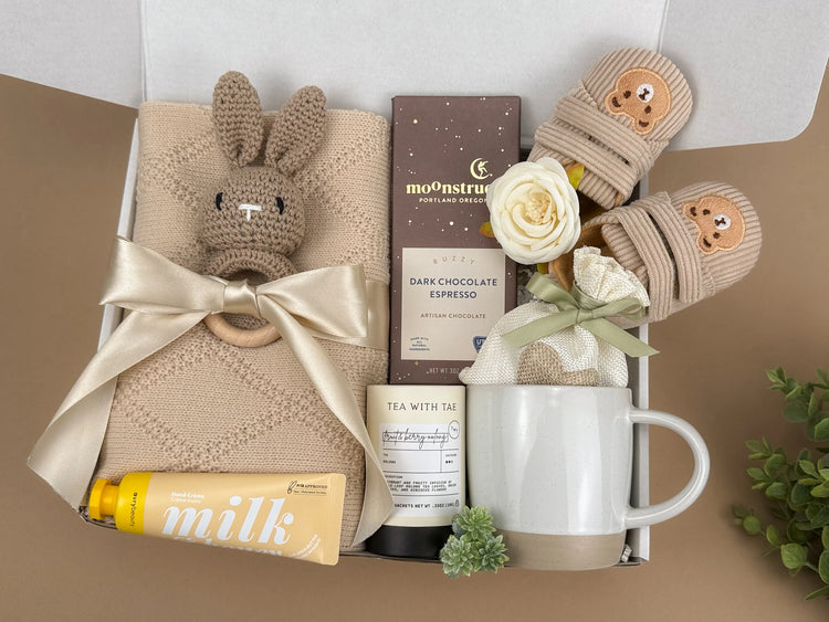 New Mom Comfort Gift Set | Baby Blanket, Bunny Rattle, Mug & Chocolate Treats Image 4