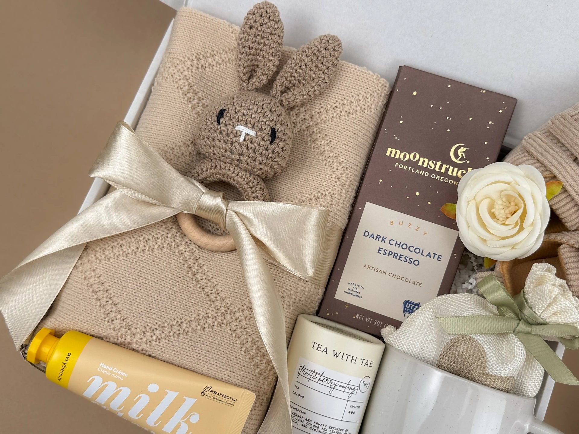 New Mom Comfort Gift Set | Baby Blanket, Bunny Rattle, Mug & Chocolate Treats Image 2