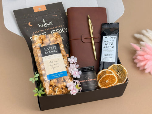 Men’s Discovery Gift Box — Leather Journal, Coffee & Snacks 2