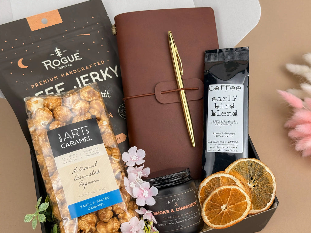Men’s Discovery Gift Box — Leather Journal, Coffee & Snacks 4