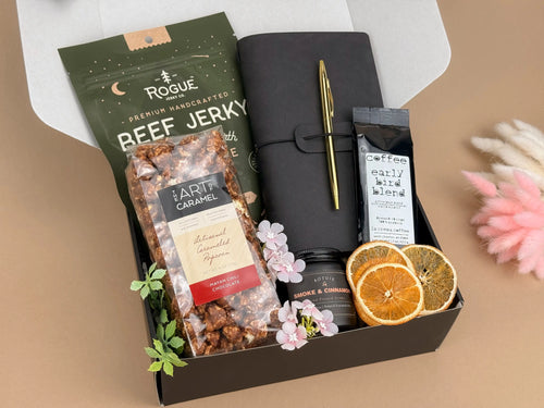 Man Cave Gift Box — Leather Journal, Gourmet Snacks & Coffee for Him 2