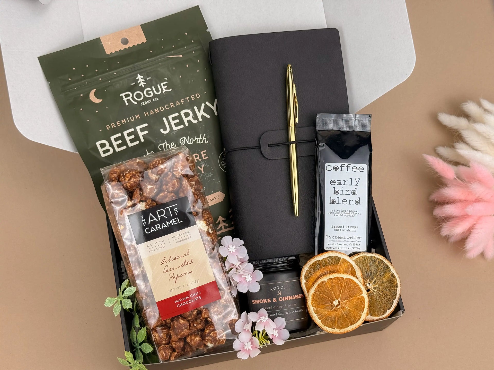 Man Cave Gift Box — Leather Journal, Gourmet Snacks & Coffee for Him