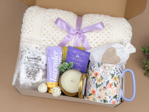 Lavender Relaxation Gift Basket – Soft Blanket, Ceramic Mug, Scented Candle, Hand Cream, Bath Salts & Calming Tea 2