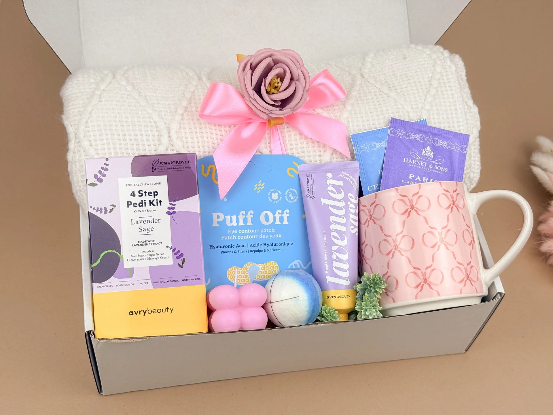 Luxury Home Spa Gift Set – Lavender Scented Candle, Bath Bomb, Pedi Kit & Tea Gift
