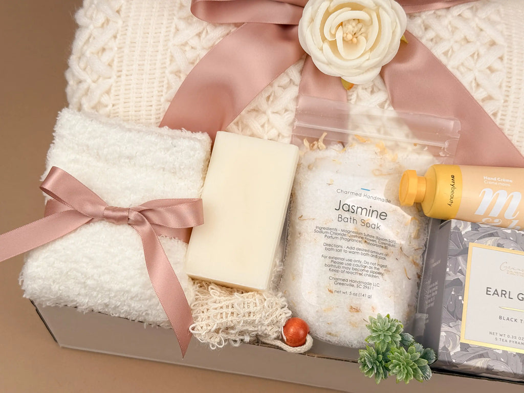 Luxury Self Care Gift Basket – Blanket, Tea, Bath Salts, Hand Cream & Socks 4