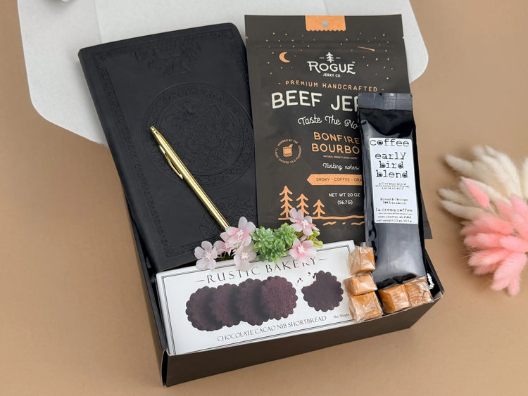Men’s Gift Box – Vintage Journal, Gold Pen, Coffee, Chocolate & Jerky