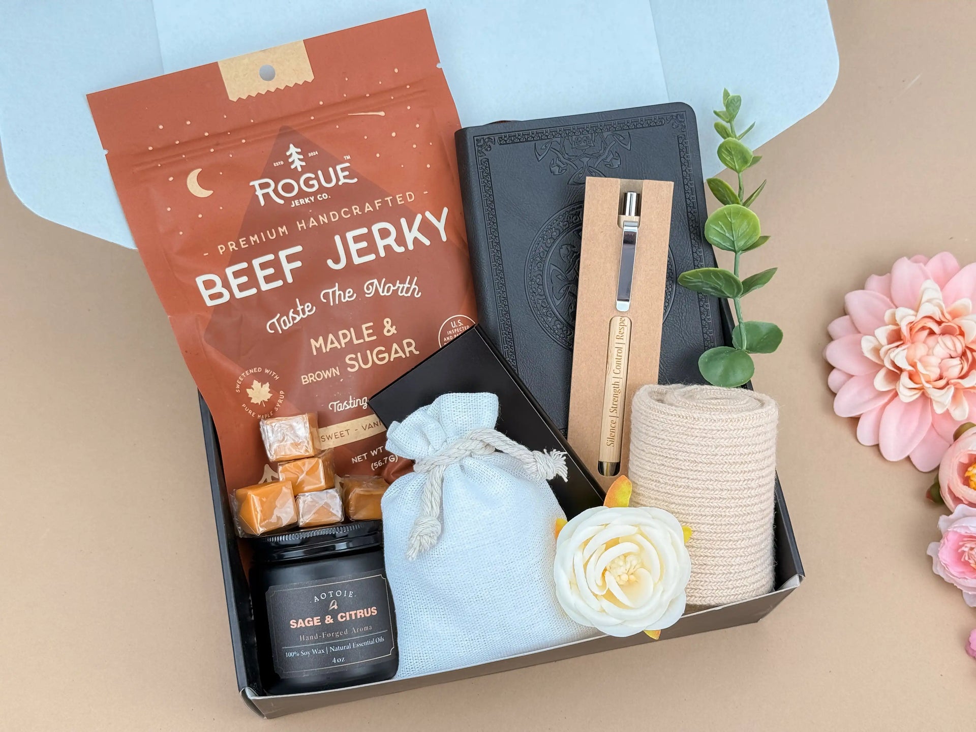 Premium Men’s Gift Set: Leather Journal, Card Holder & Snacks