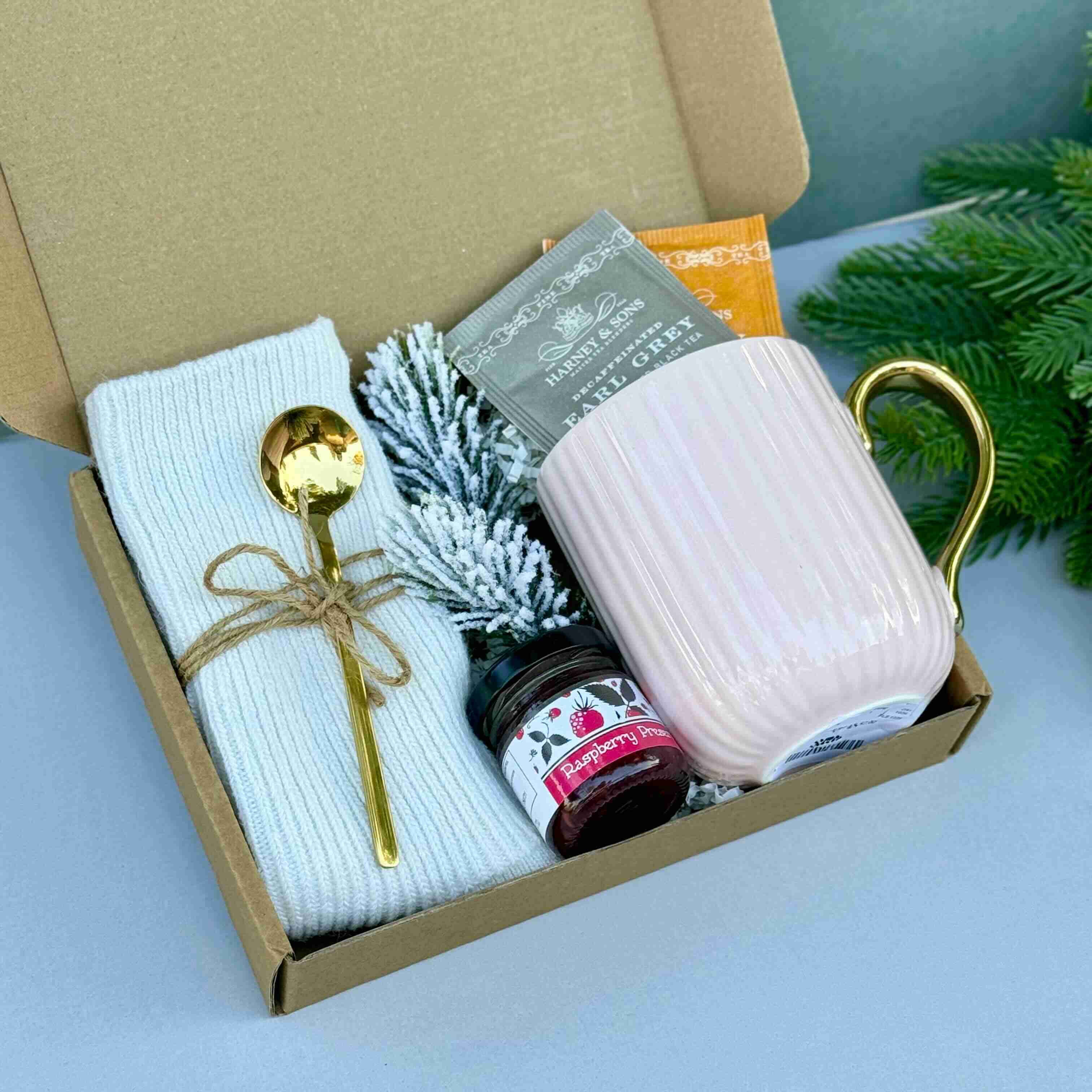 Self-Care Tea Care Package Gift Box – Cozy Mug, Socks, Tea & Sweet Jam