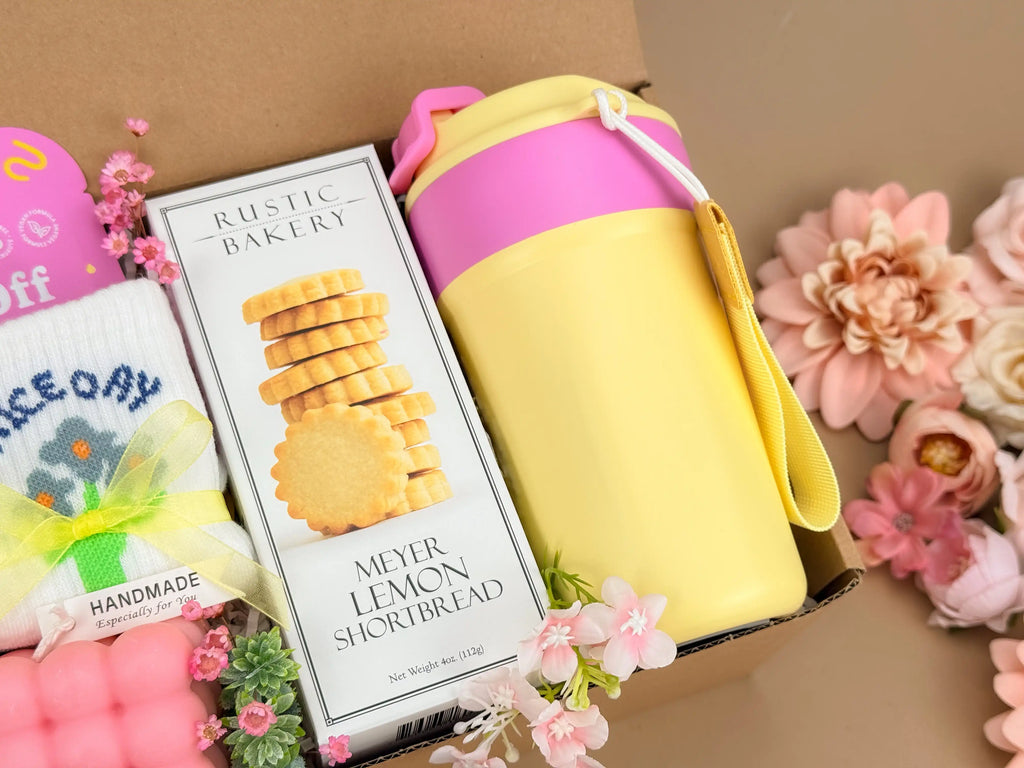 Self Care Gift Box for Her – Spa Set with Candle, Tumbler, Socks & Lemon Cookies 4