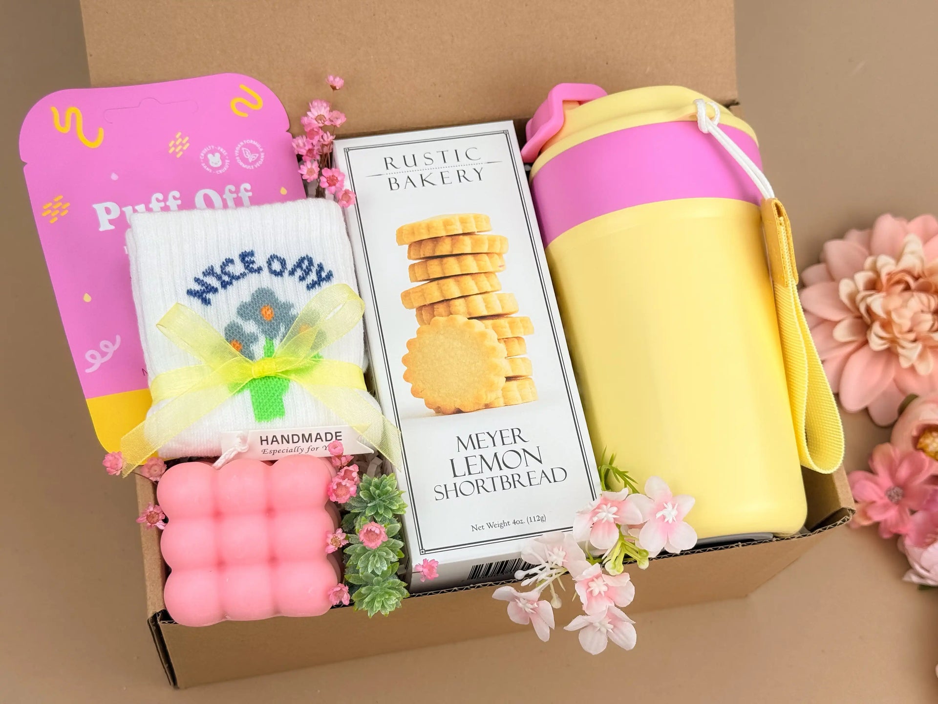 Self Care Gift Box for Her – Spa Set with Candle, Tumbler, Socks & Lemon Cookies