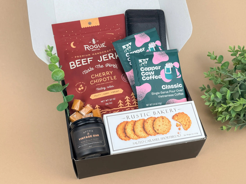 Father’s Day Self Care Gifts for Him – Premium Coffee, Jerky & Candle Box | Relaxation Gift Set, Birthday & Thinking of You Gift for Men