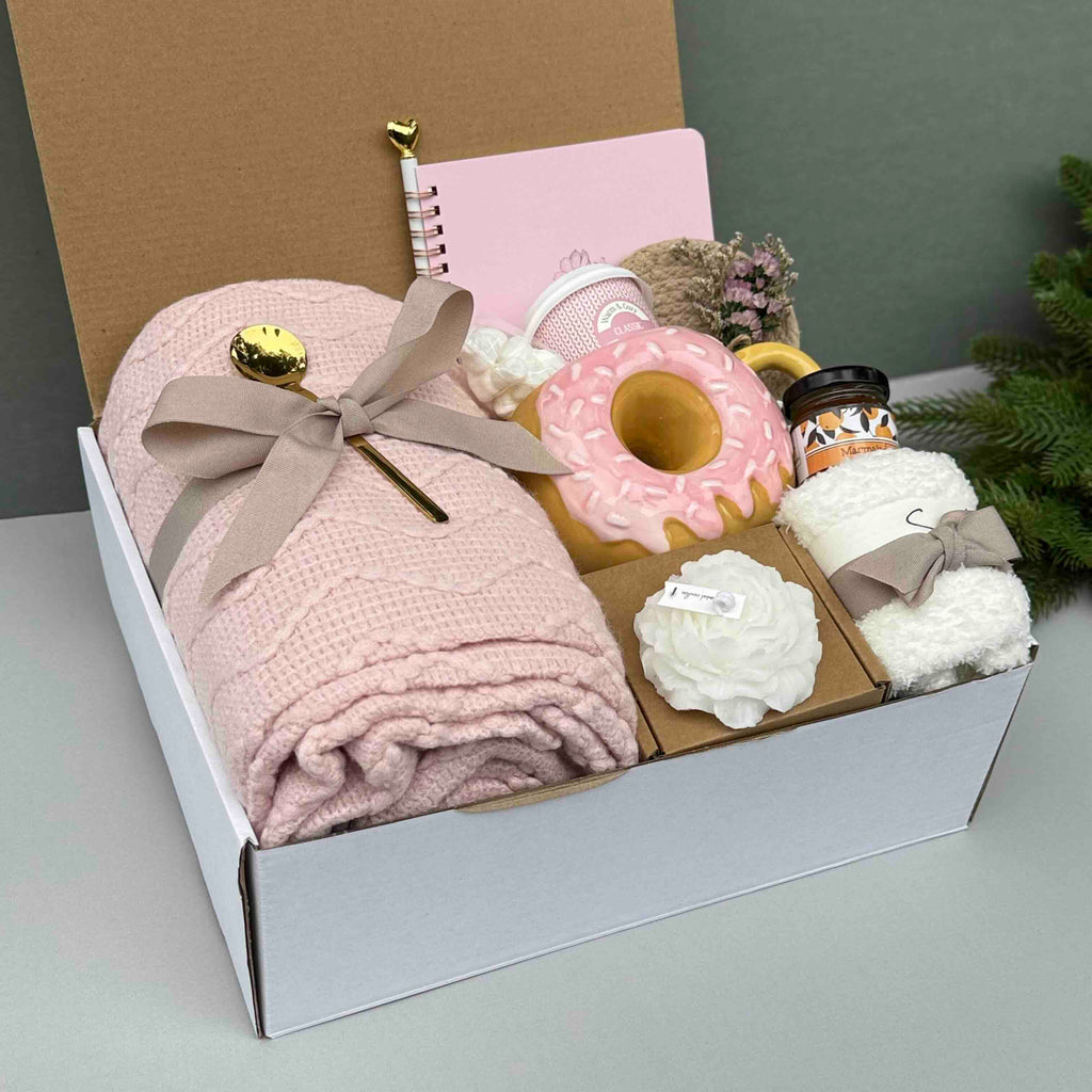 Soft Pink Handmade Gift Box – Cozy Comfort, Self-Care Essentials, Thinking of You, Blanket, Donut Mug & Cocoa 7733