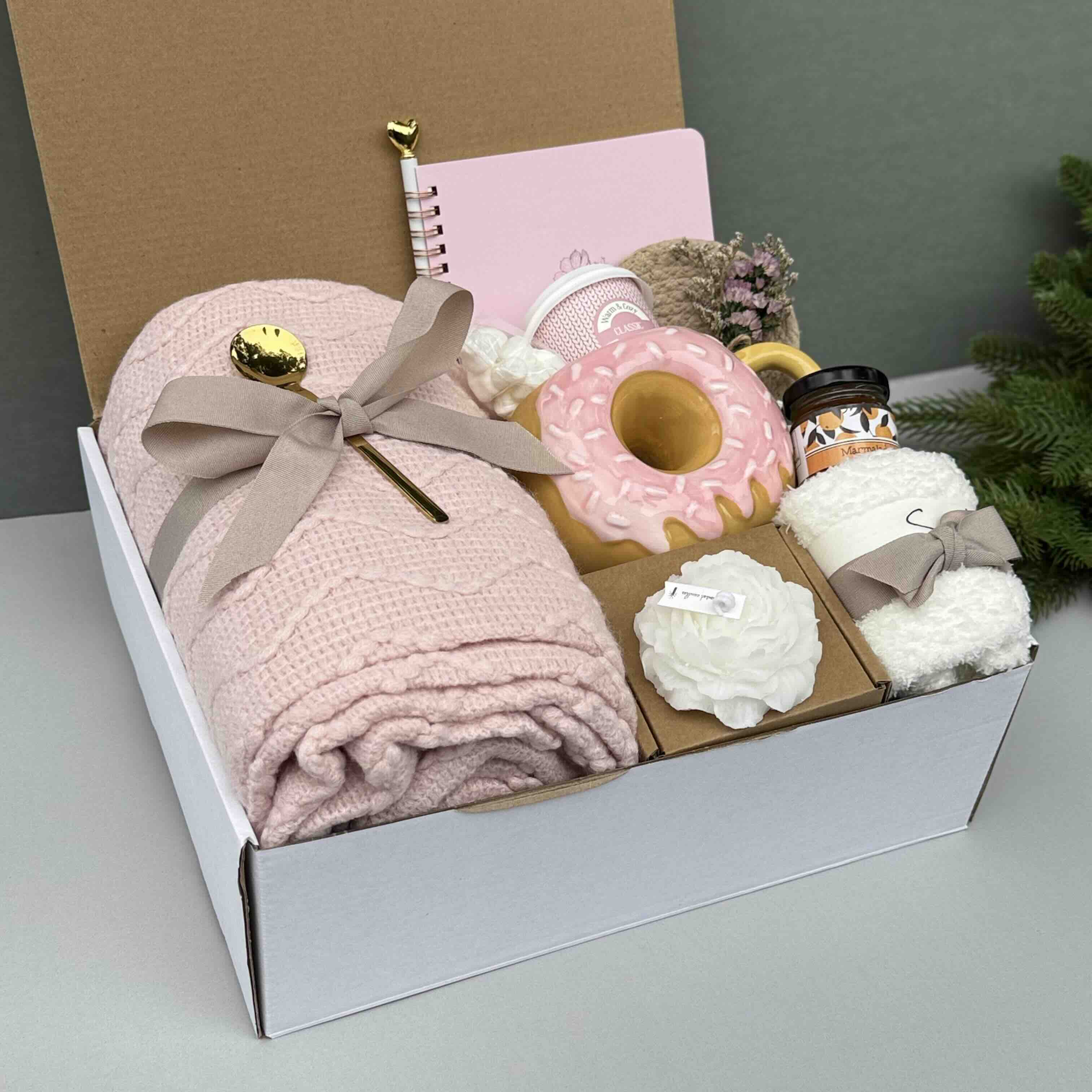 Soft Pink Handmade Gift Box – Cozy Comfort, Self-Care Essentials, Thinking of You, Blanket, Donut Mug & Cocoa 7733