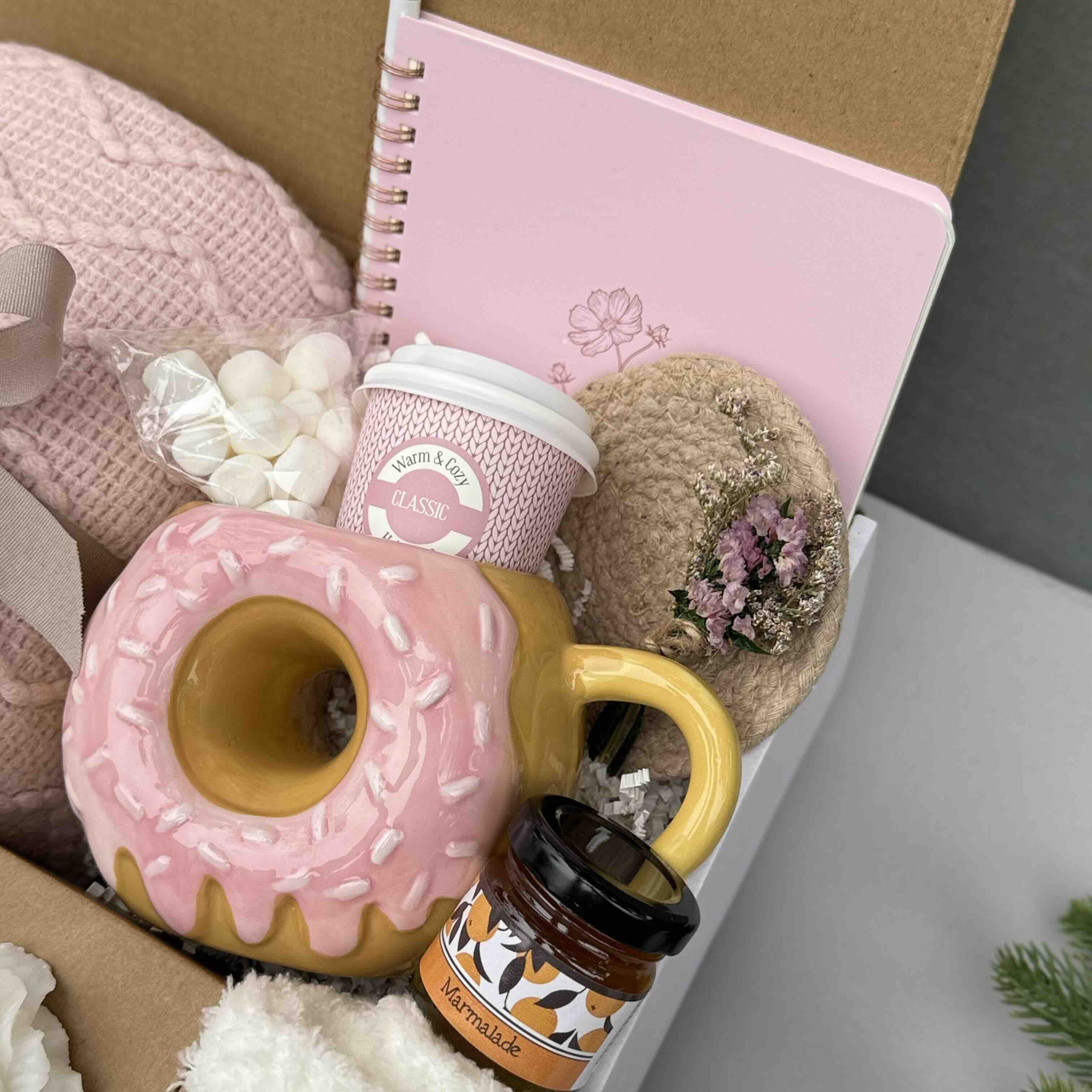 Soft Pink Handmade Gift Box – Cozy Comfort, Self-Care Essentials, Thinking of You, Blanket, Donut Mug & Cocoa 7736