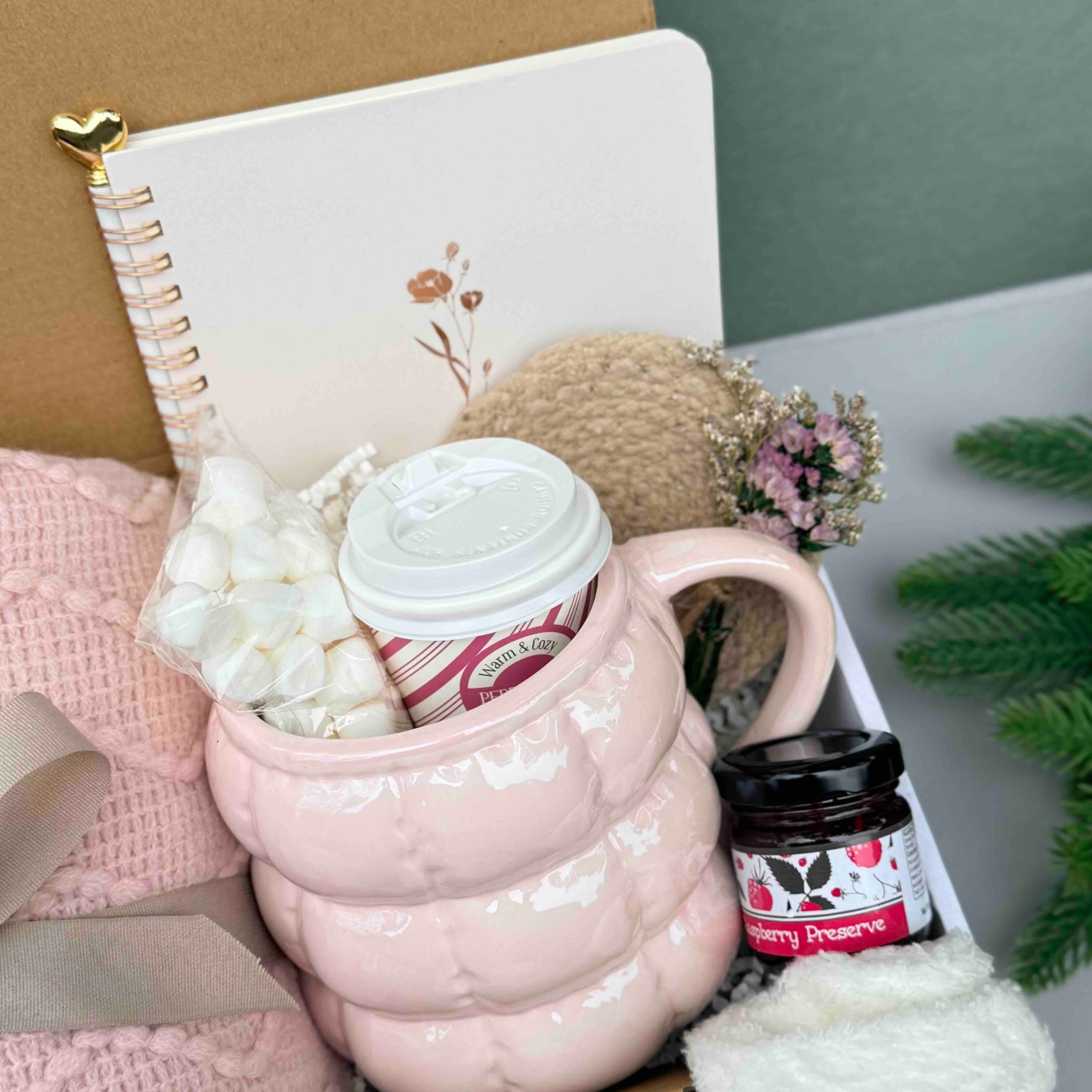 Soft Pink Handmade Gift Box – Cozy Comfort, Thinking of You, Self-Care Essentials, Blanket, Mug & Cocoa 7746