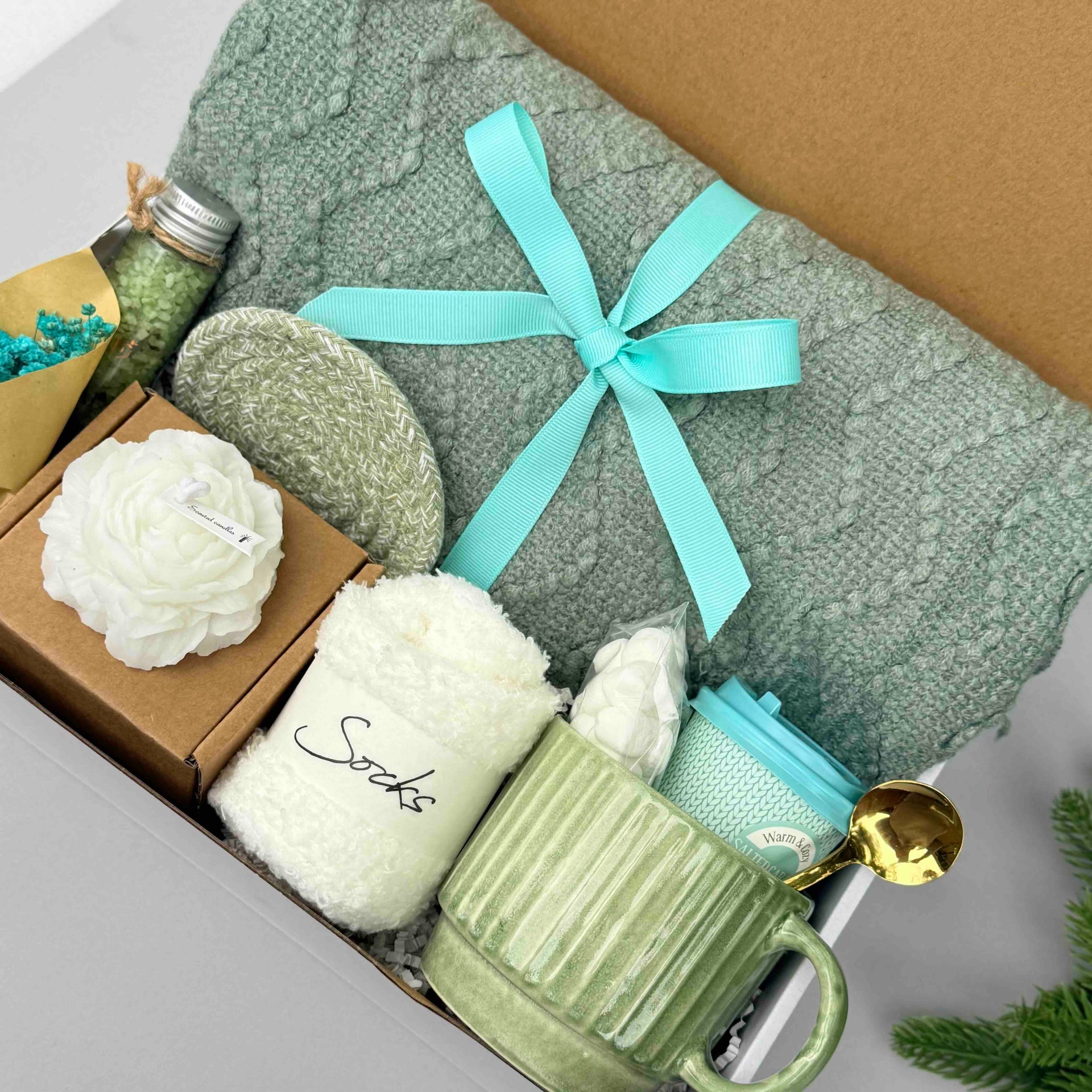 Soft Sage Handmade Gift Box – Cozy Comfort, Thinking of You, Self-Care Essentials, Blanket, Mug & Treats 7729