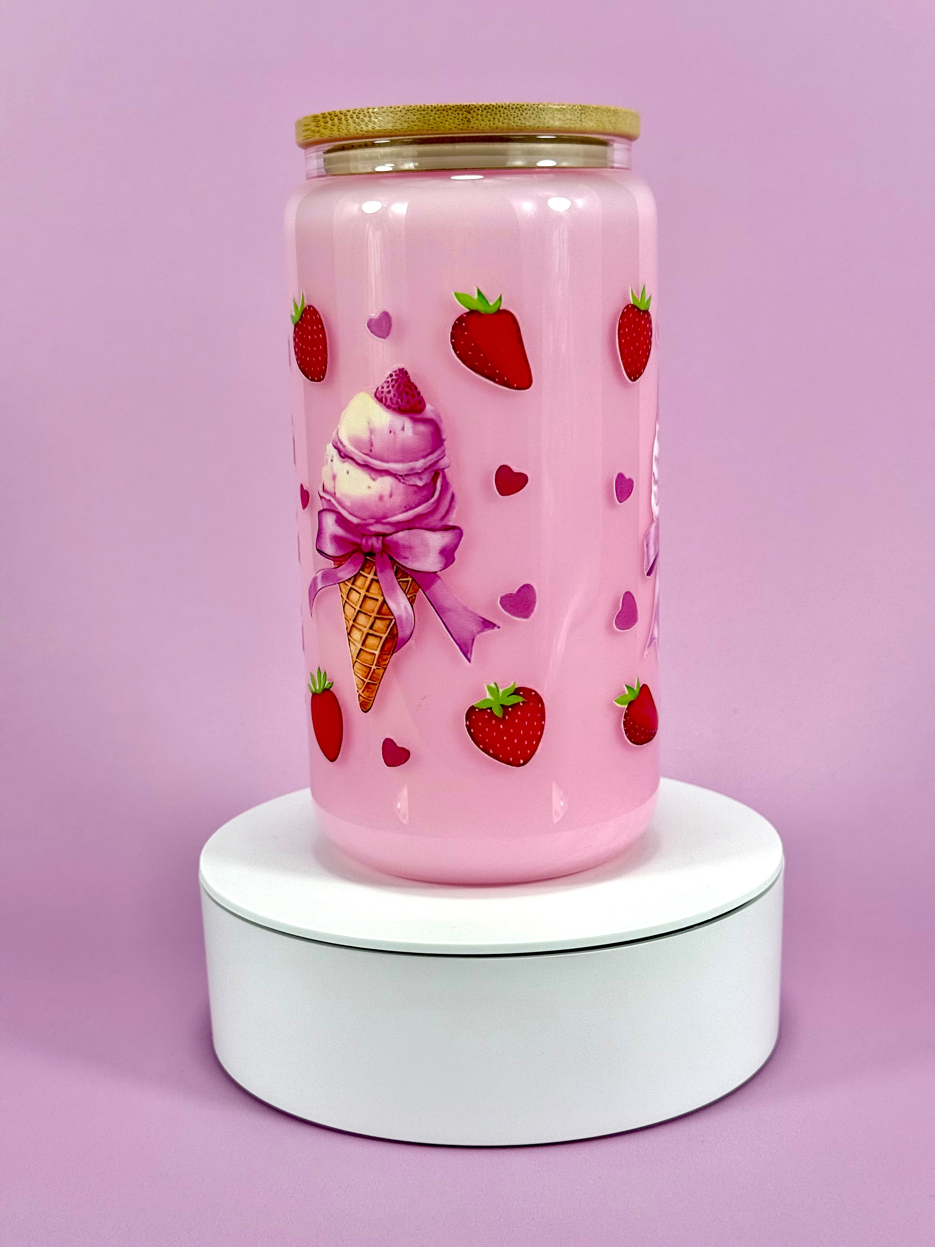 Sweet Strawberry Glass Cup 16oz — Lid & Straw