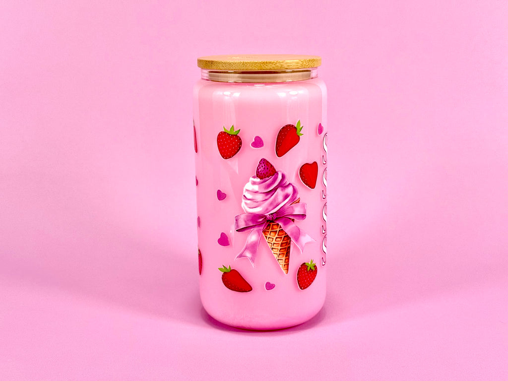 Sweet Strawberry Glass Cup 16oz — Lid & Straw