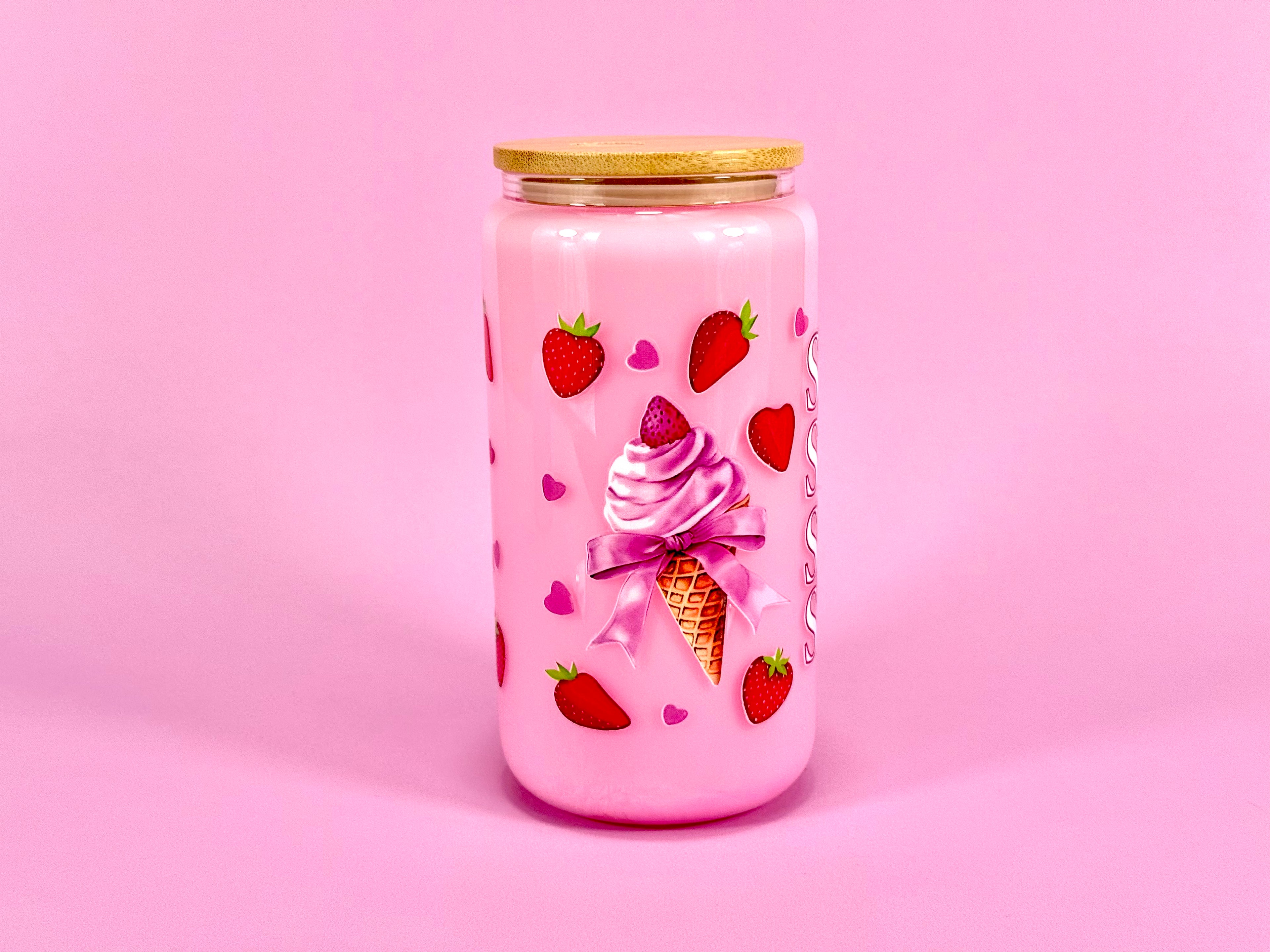 Sweet Strawberry Glass Cup 16oz — Lid & Straw