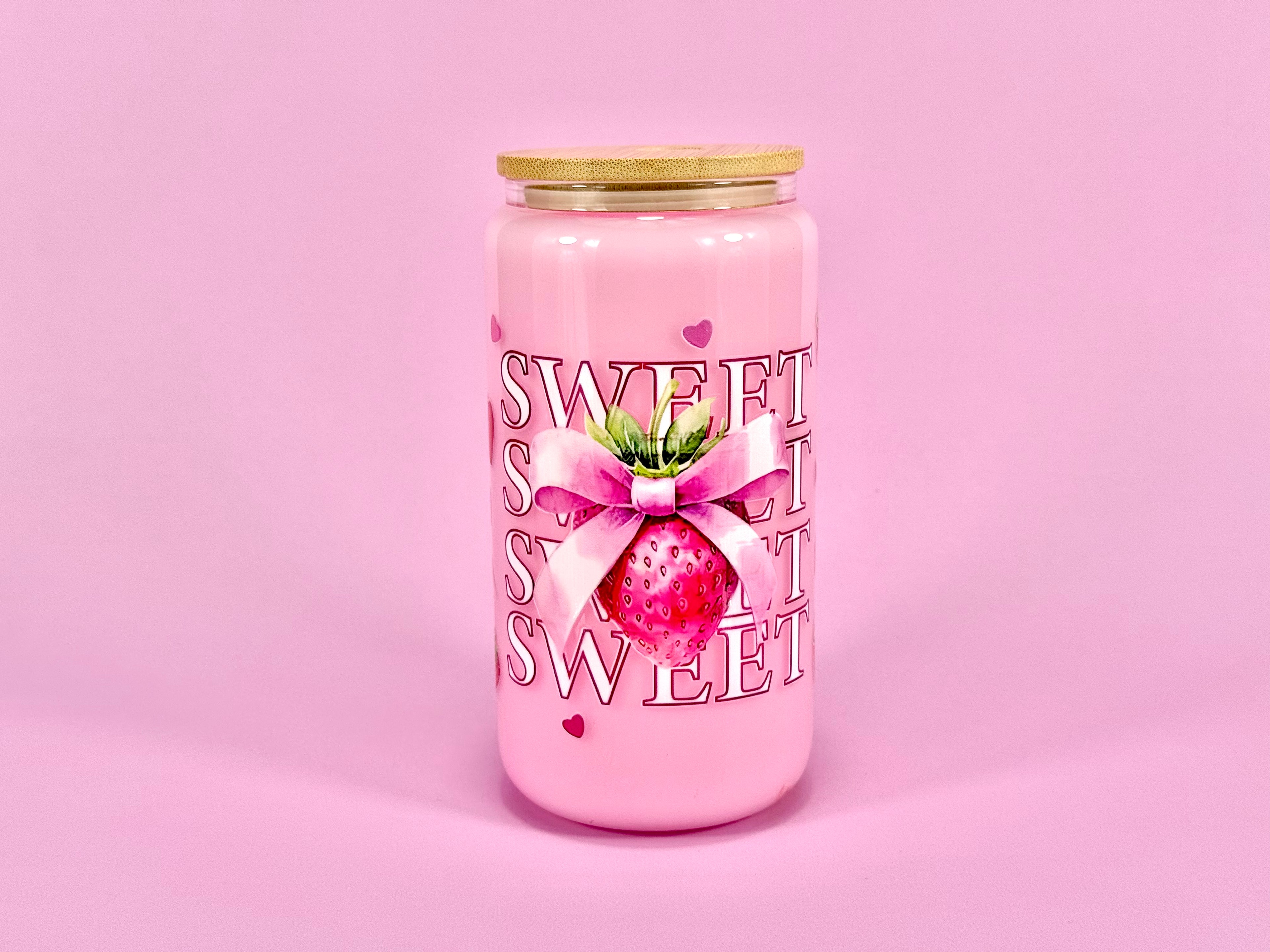 Sweet Strawberry Glass Cup 16oz — Lid & Straw