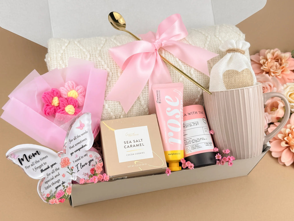 Mom's Birthday Gift Basket with Crochet Flowers & Cozy Blanket Set