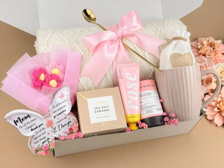 Thoughtful Mother’s Day Gift Box | Blanket, Crochet Flowers, Mug, Cookies, Tea