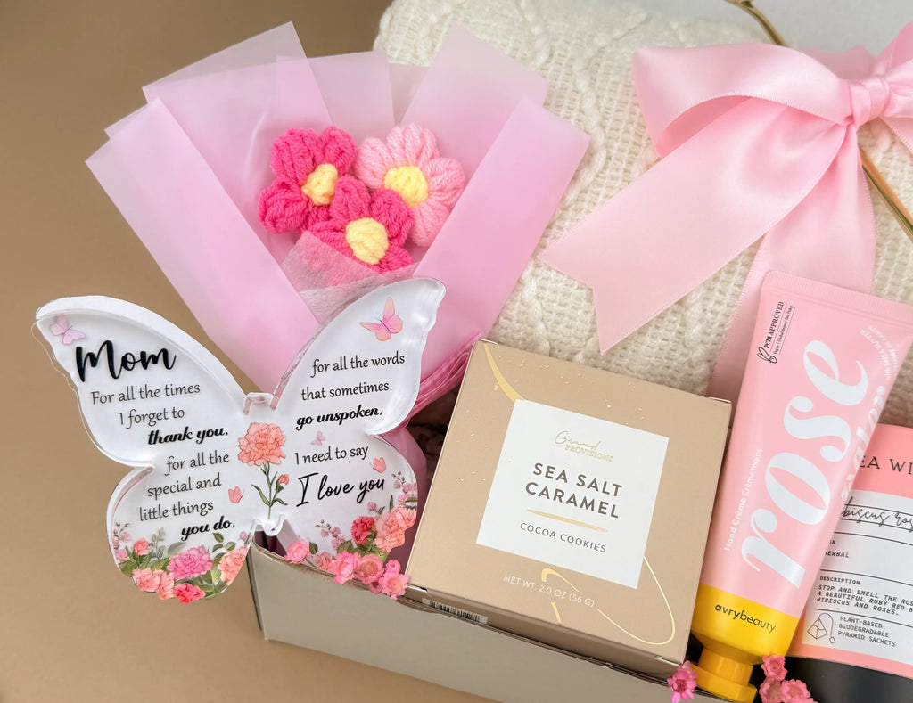 Thoughtful Mother’s Day Gift Box | Blanket, Crochet Flowers, Mug, Cookies, Tea 3