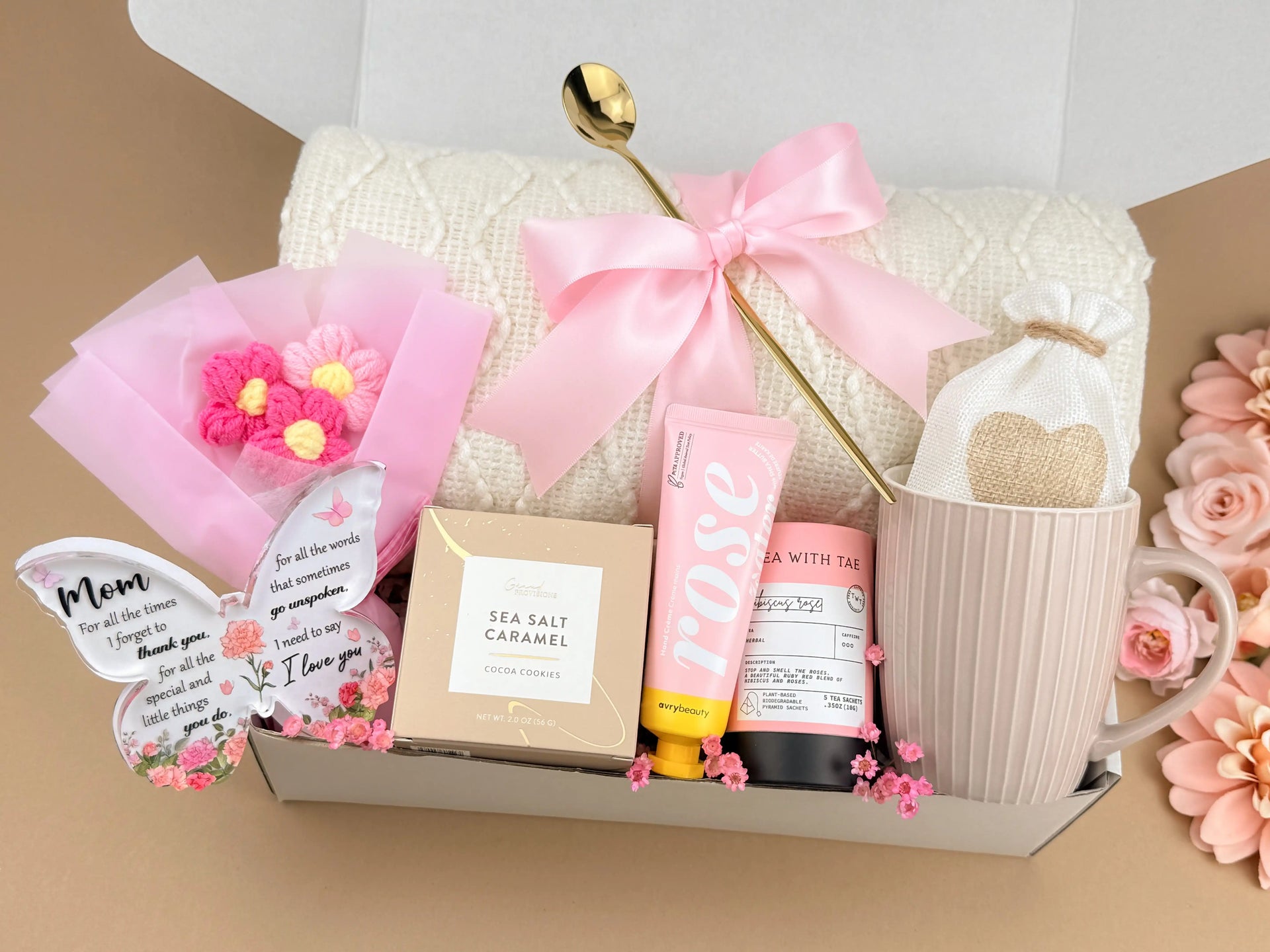 Thoughtful Mother’s Day Gift Box | Blanket, Crochet Flowers, Mug, Cookies, Tea 2