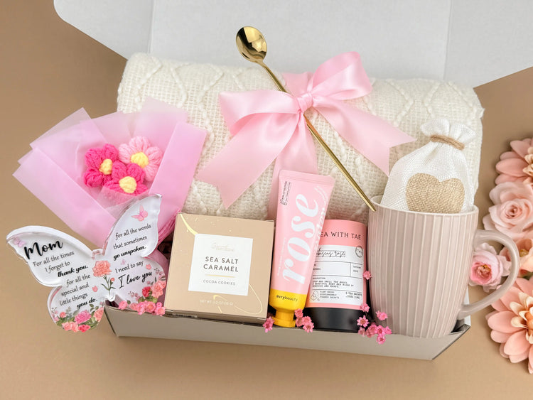 Thoughtful Mother’s Day Gift Box | Blanket, Crochet Flowers, Mug, Cookies, Tea 2