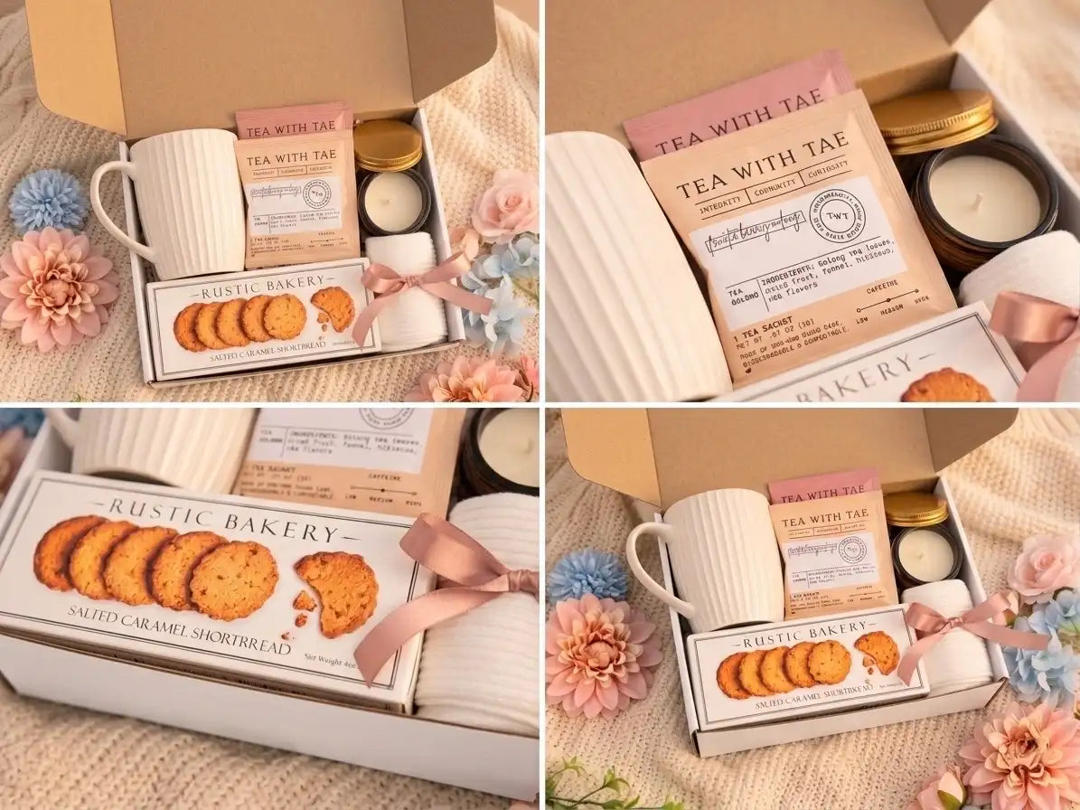 Thoughtful Gift Box for Women – Ceramic Mug, Tea, Candle, Socks & Shortbread Gift Set