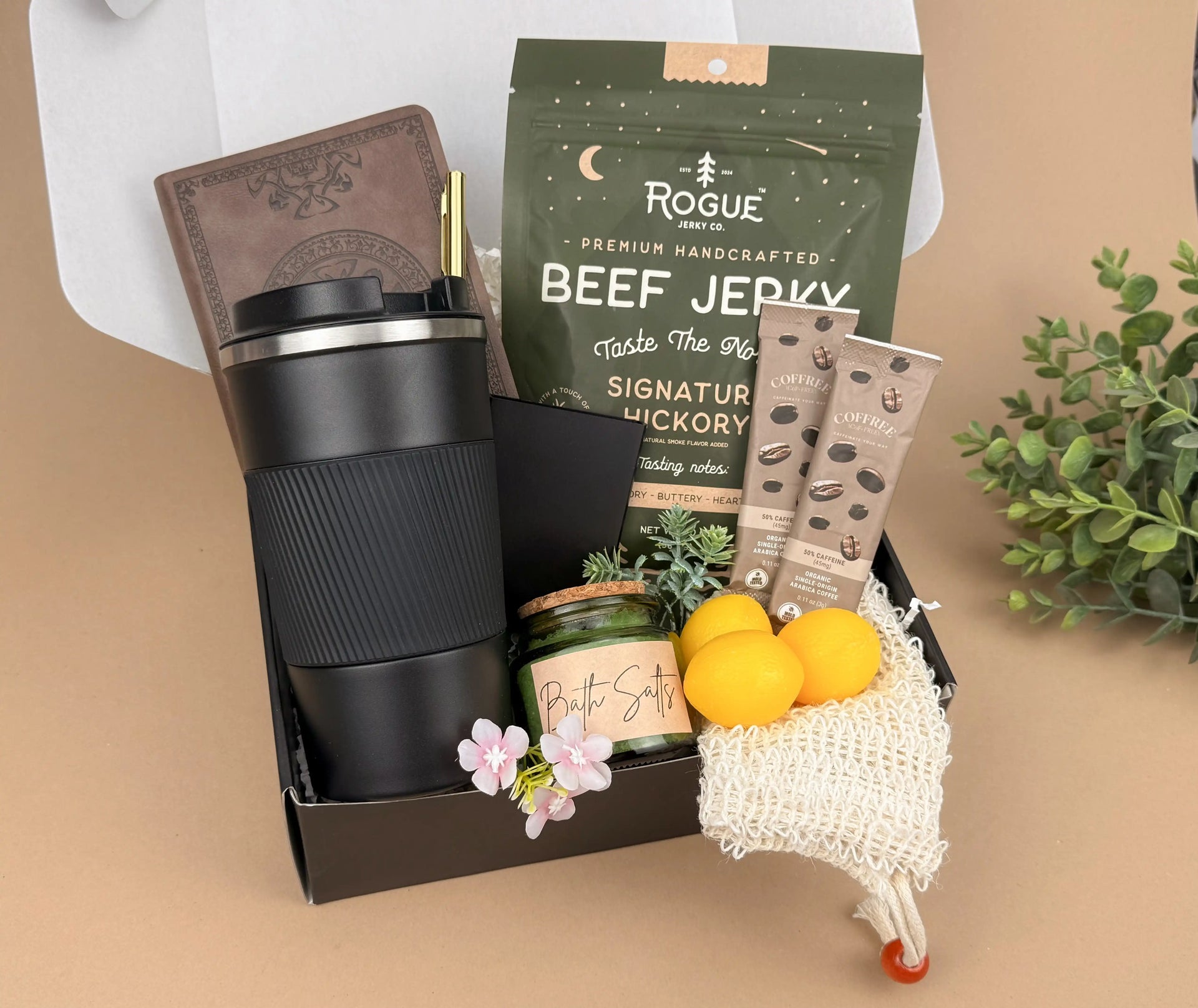 Ultimate Mens Gift Box with 17oz Steel Tumbler, Artisanal Beef Jerky, Notebook and Pen Set – Curated Self-Care and Coffee Gift for Him