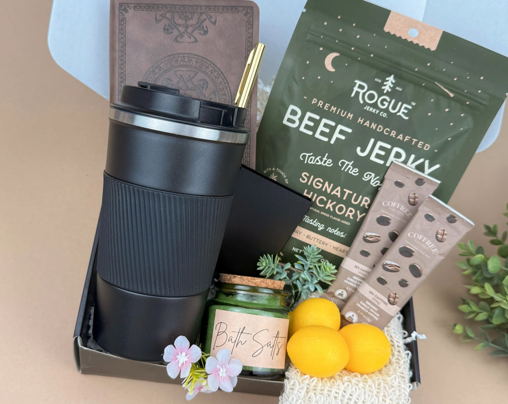 Ultimate Mens Gift Box with 17oz Steel Tumbler, Artisanal Beef Jerky, Notebook and Pen Set – Curated Self-Care and Coffee Gift for Him 4