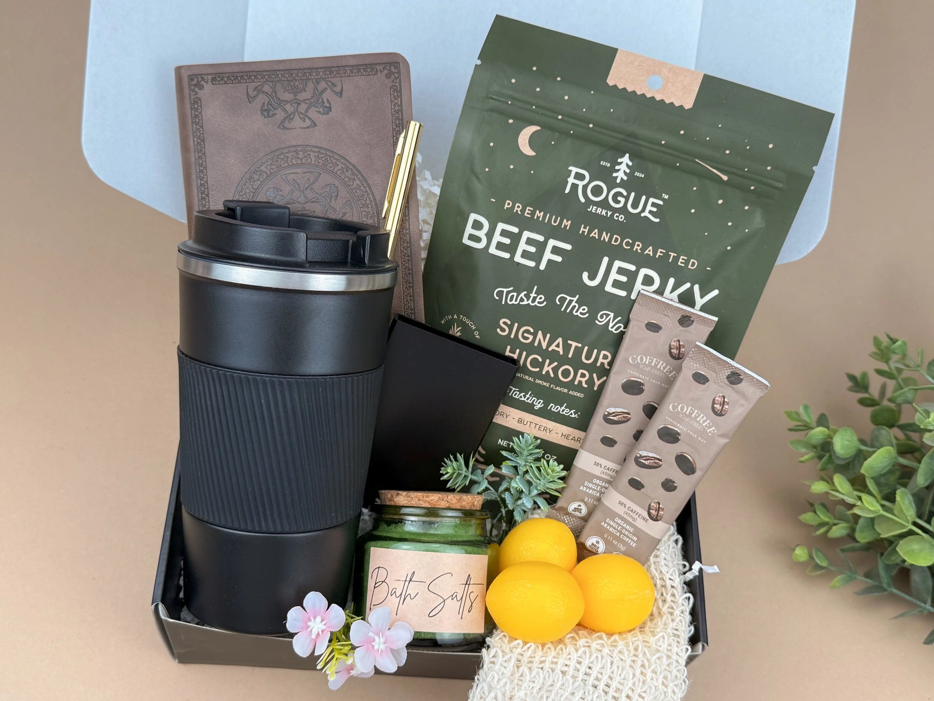 Ultimate Mens Gift Box with 17oz Steel Tumbler, Artisanal Beef Jerky, Notebook and Pen Set – Curated Self-Care and Coffee Gift for Him 2