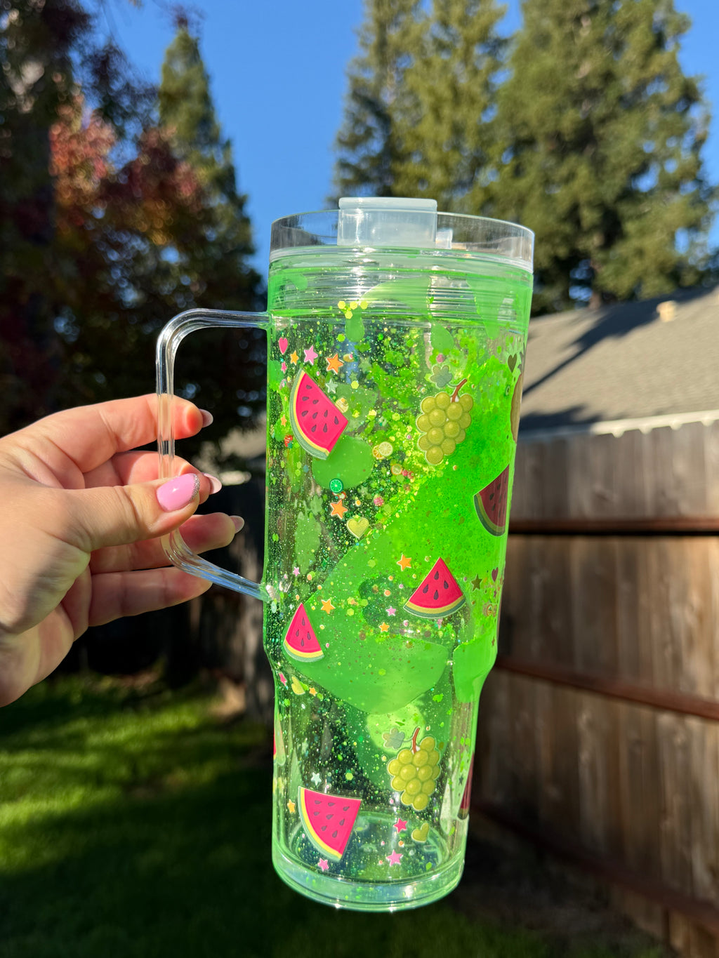 Watermelon and Grapes Lava Drip Tumbler with Handle 40oz Outside