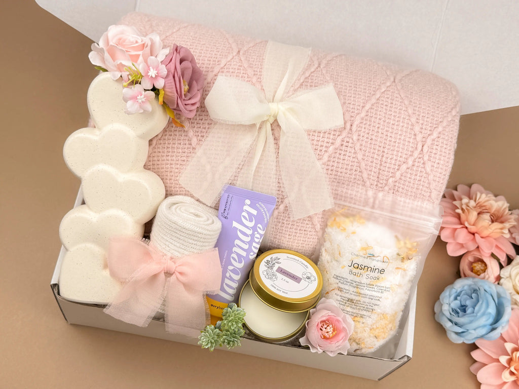 Women's Gift Basket Self Care Kit - Throw Blanket, Heart Vase, Candle & Spa Set