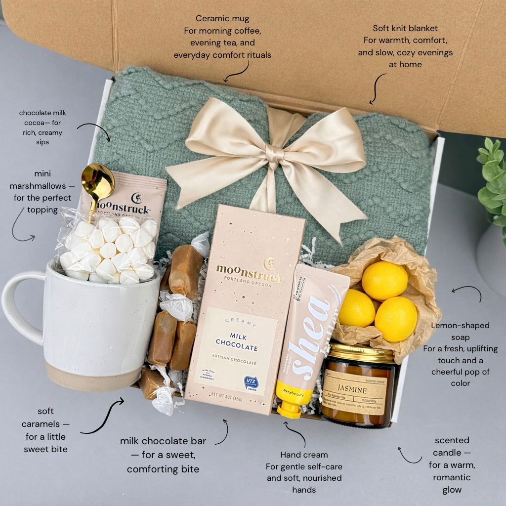 Valentine’s Cozy Comfort Gift Box – Blanket, Mug, Chocolate, Cocoa & Sweet Self-Care Treats for Her - Labels