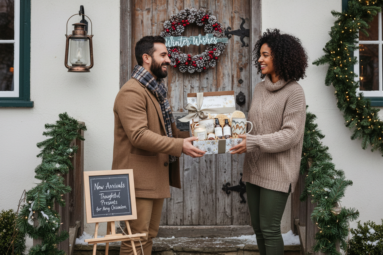 Cottage-style doorstep gift-giving scene