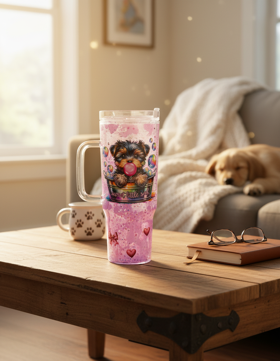 Dog Mama Drip Tumbler with Handle 40oz in cozy lifestyle setting