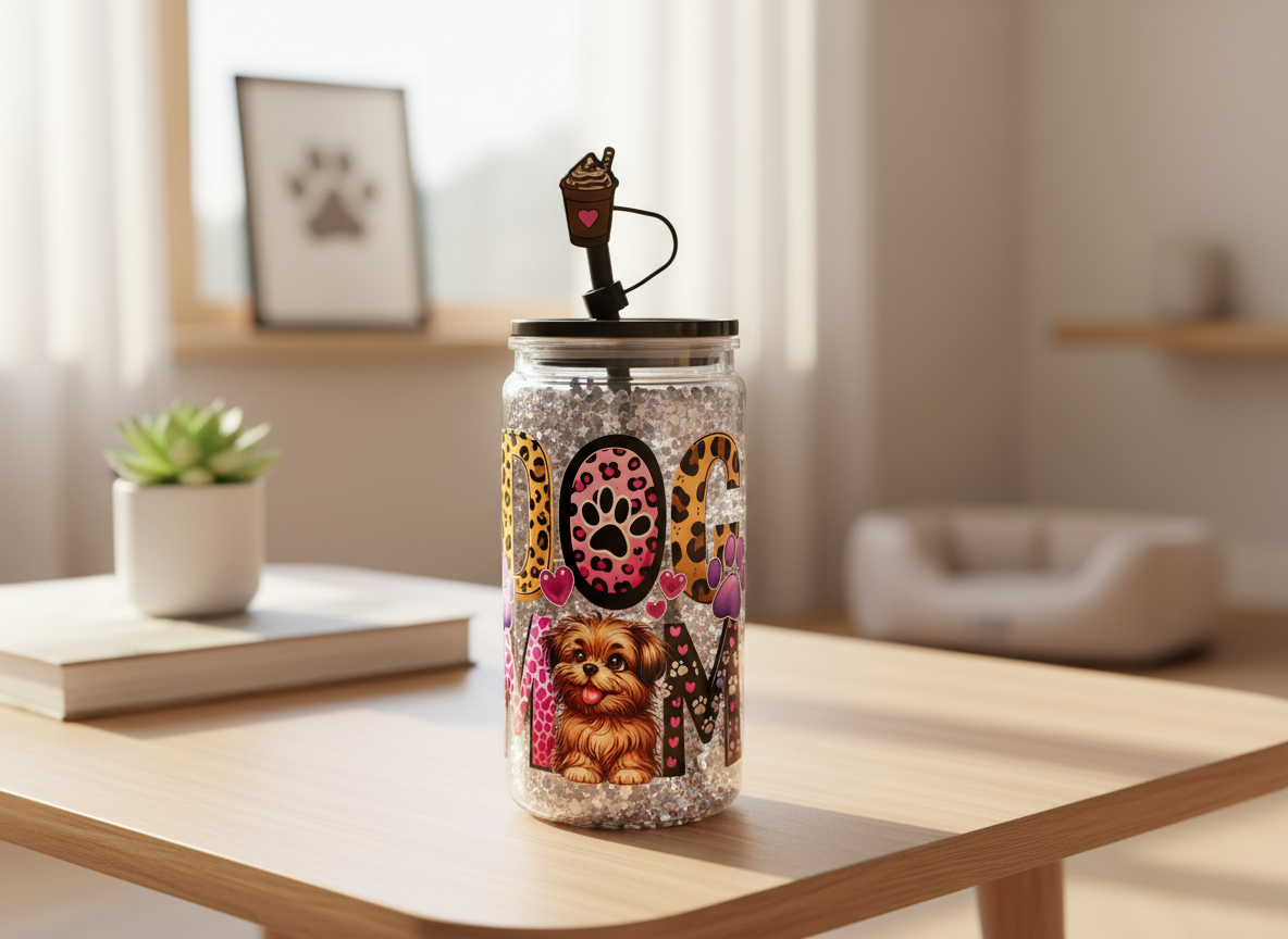 Dog Mama Sparkle Acrylic Cup in lifestyle setting