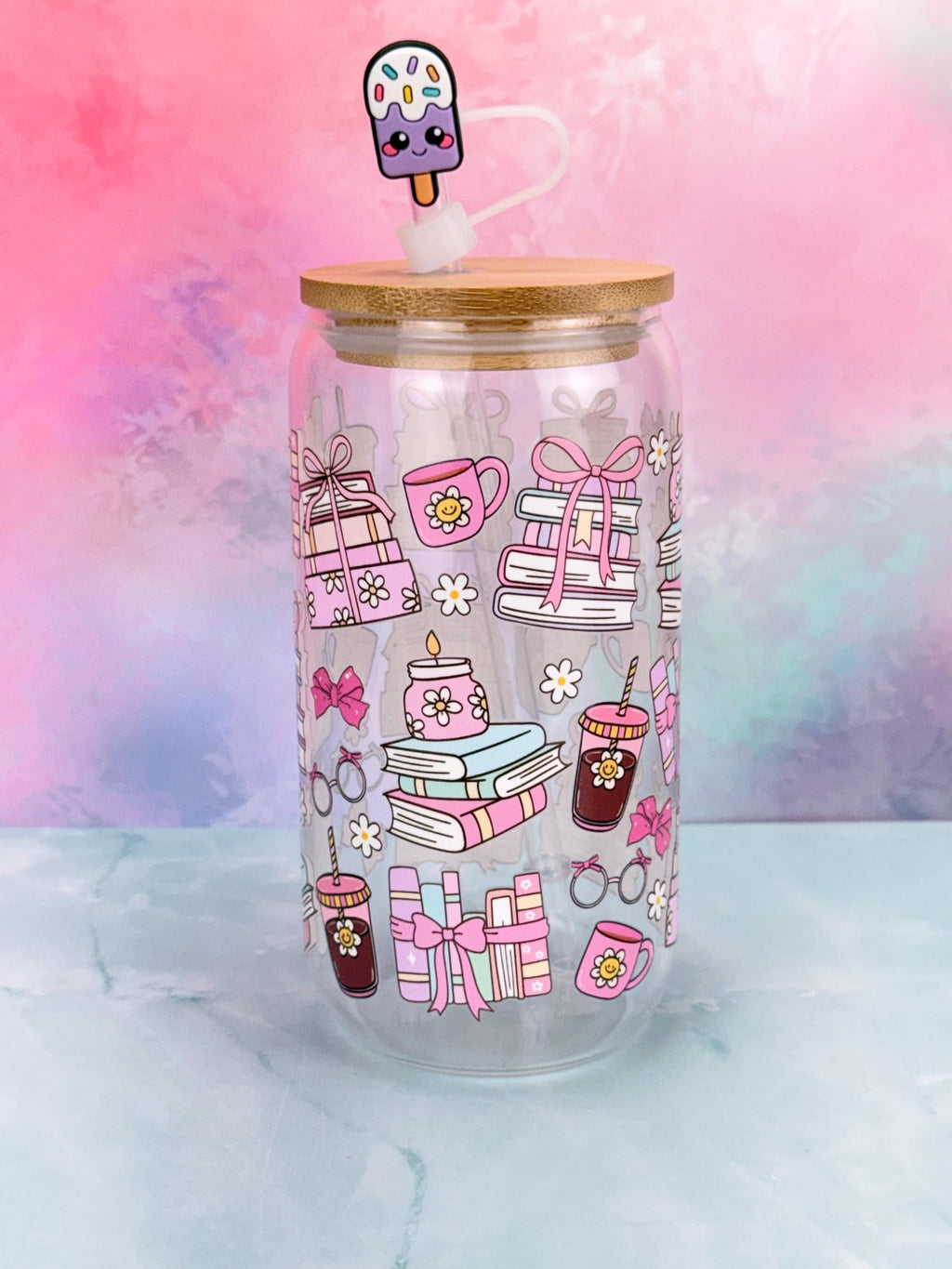 Bookish Coquette Glass Cup with Bamboo Lid & Straw 16 oz