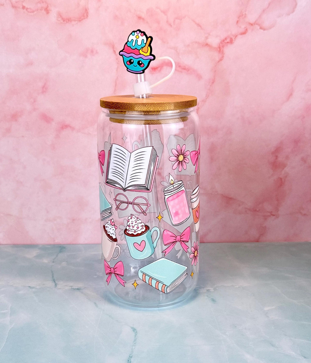 Bookish Charm Glass Cup with Bamboo Lid & Reusable Straw 16 oz