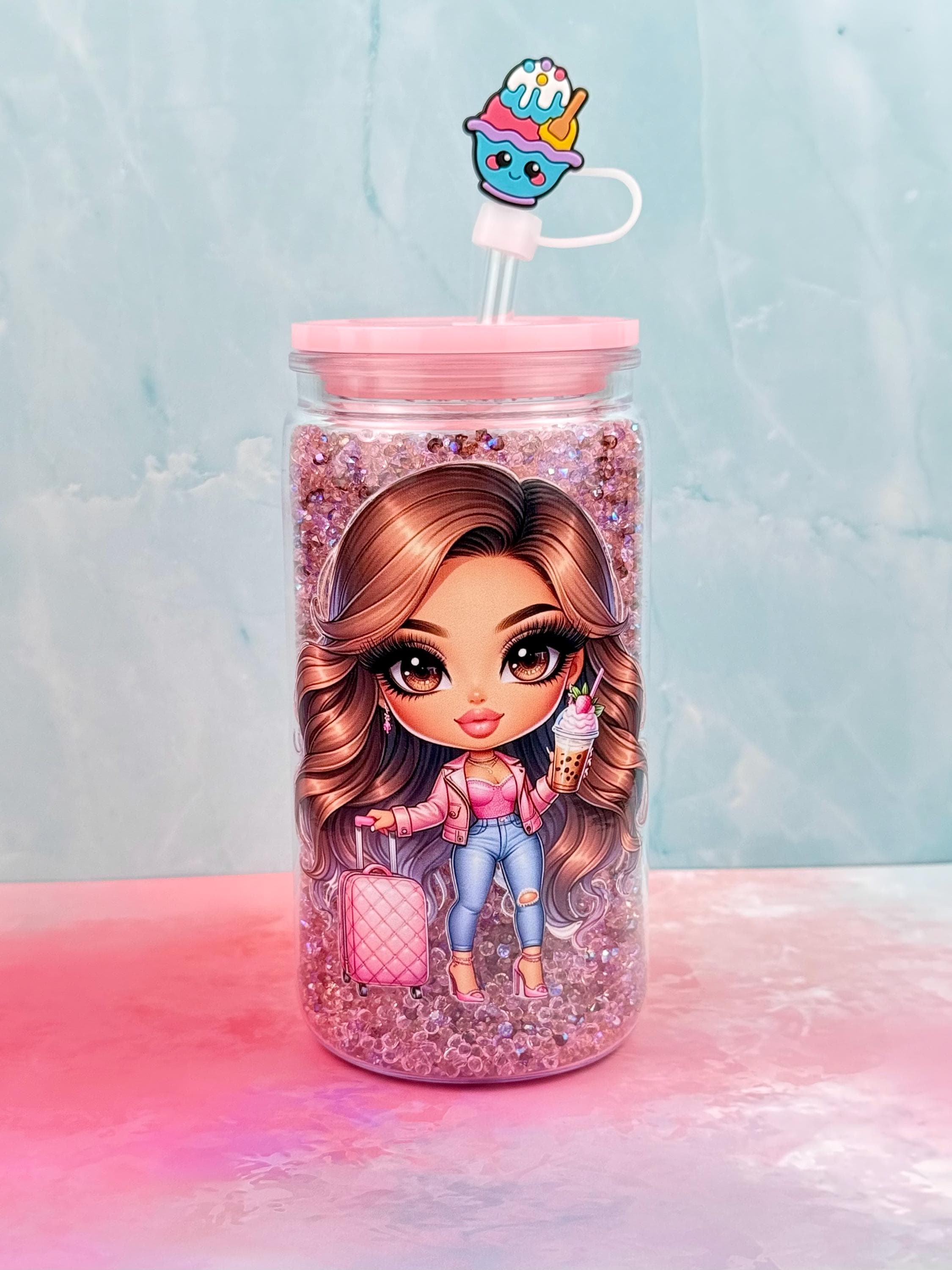 Coffee Girl Acrylic Cup 16 oz, Crystal Stones - Lid & Straw