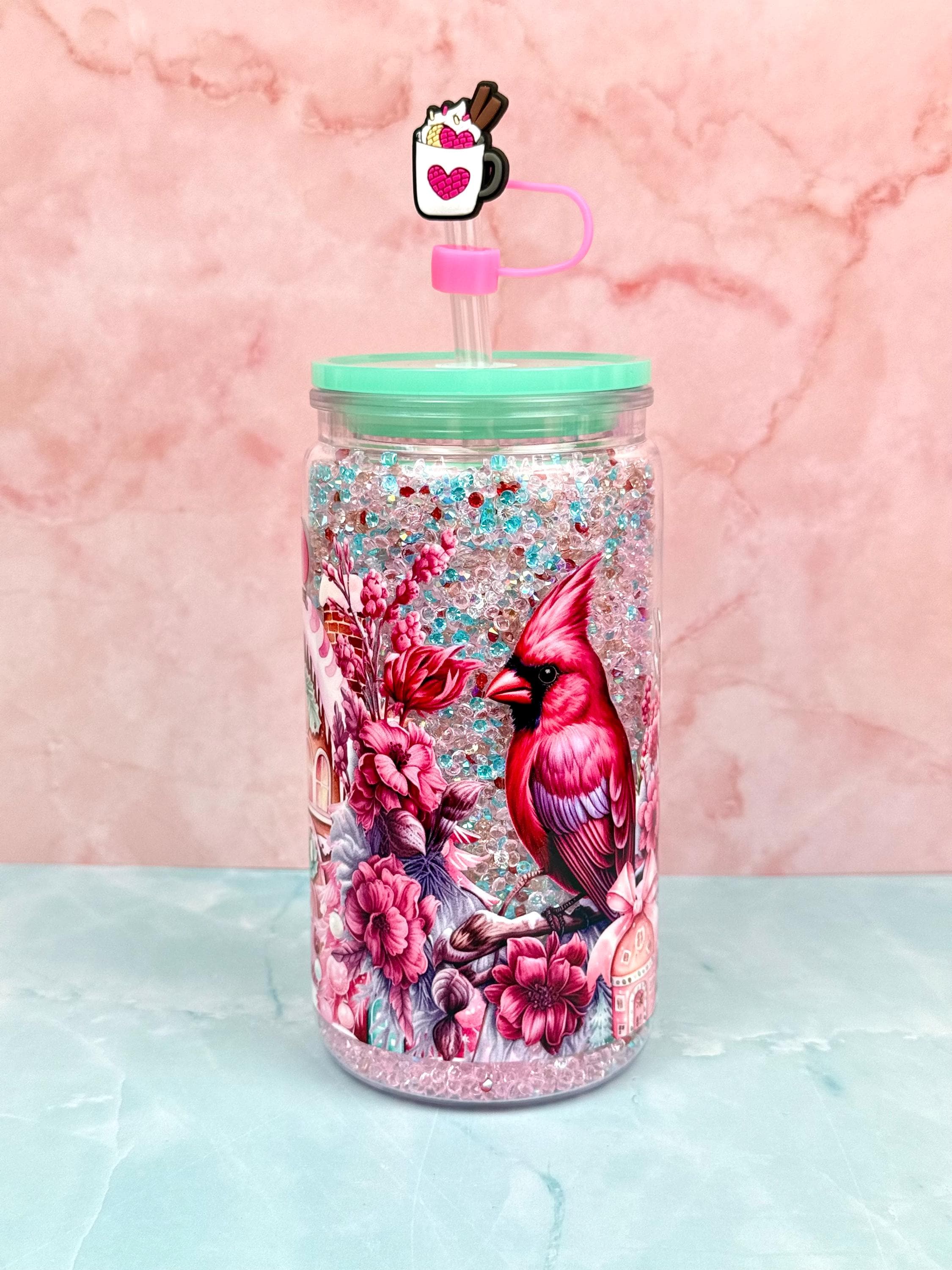 Christmas Bird Crystal Acrylic Tumbler: Sparkling Holiday Cup with Straw, 16 oz