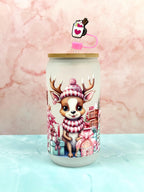 Christmas Deer Matte Glass Cup - Bamboo Lid & Straw, 16 oz