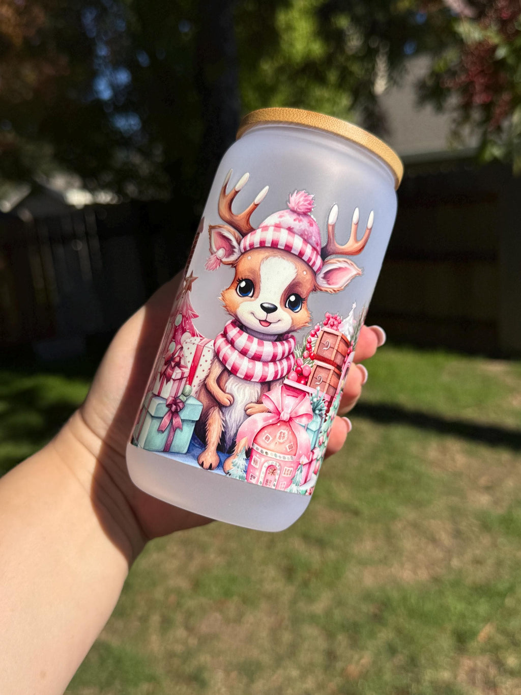 Christmas Deer Matte Glass Cup 16oz - Bamboo Lid & Straw
