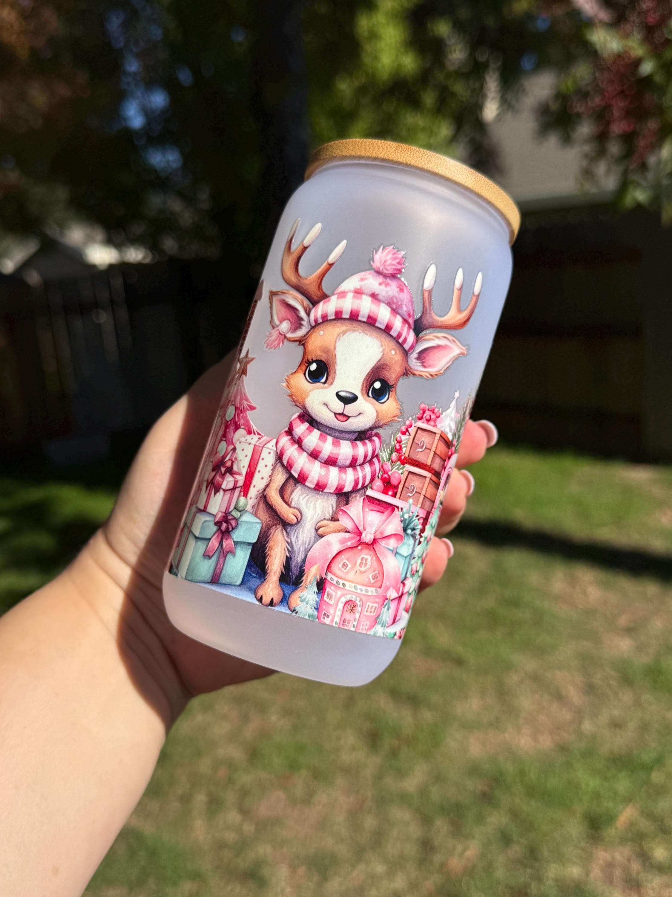 Christmas Deer Matte Glass Cup 16oz - Bamboo Lid & Straw