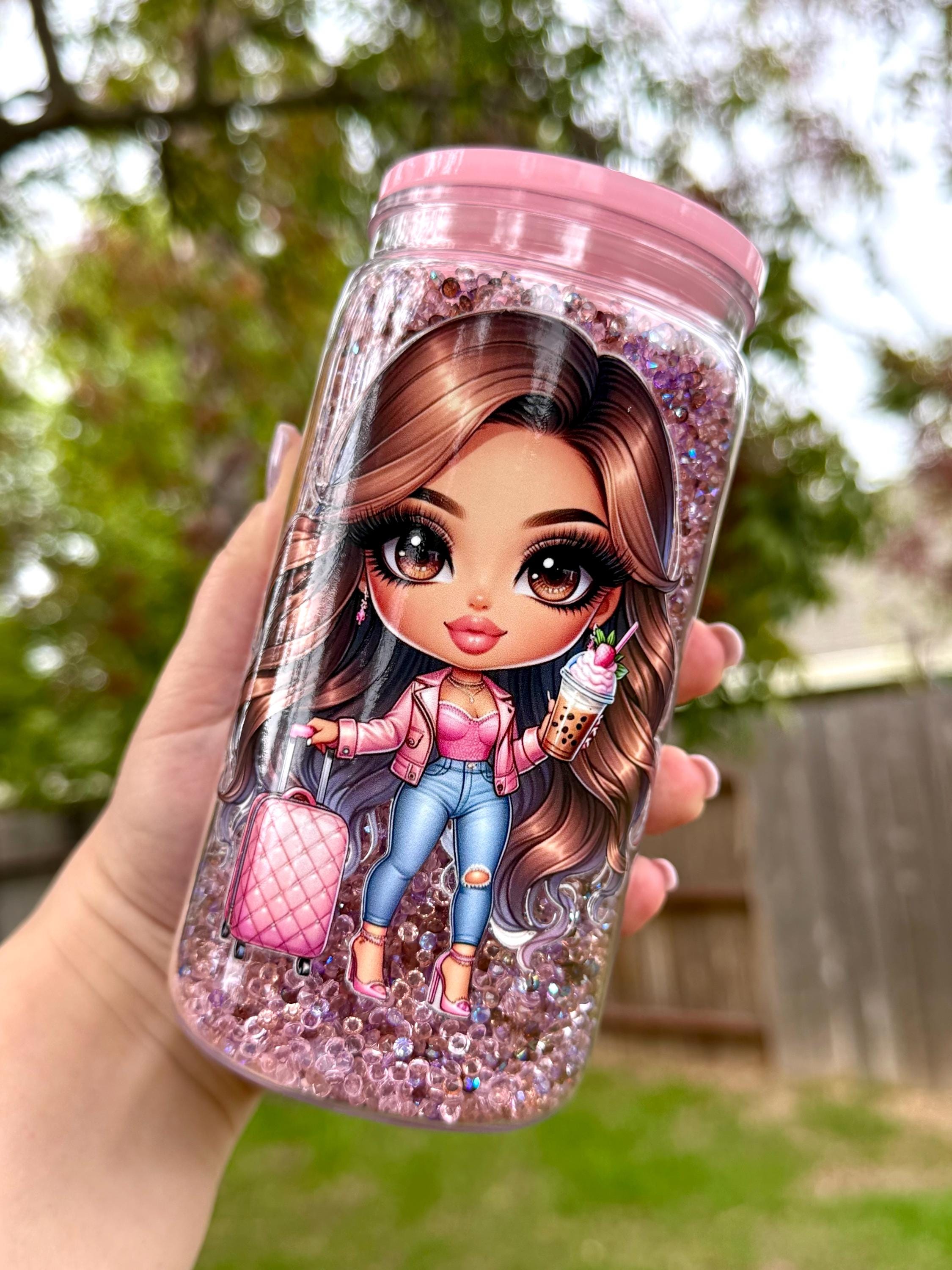 Coffee Girl Acrylic Cup 16 oz, Crystal Stones - Lid & Straw