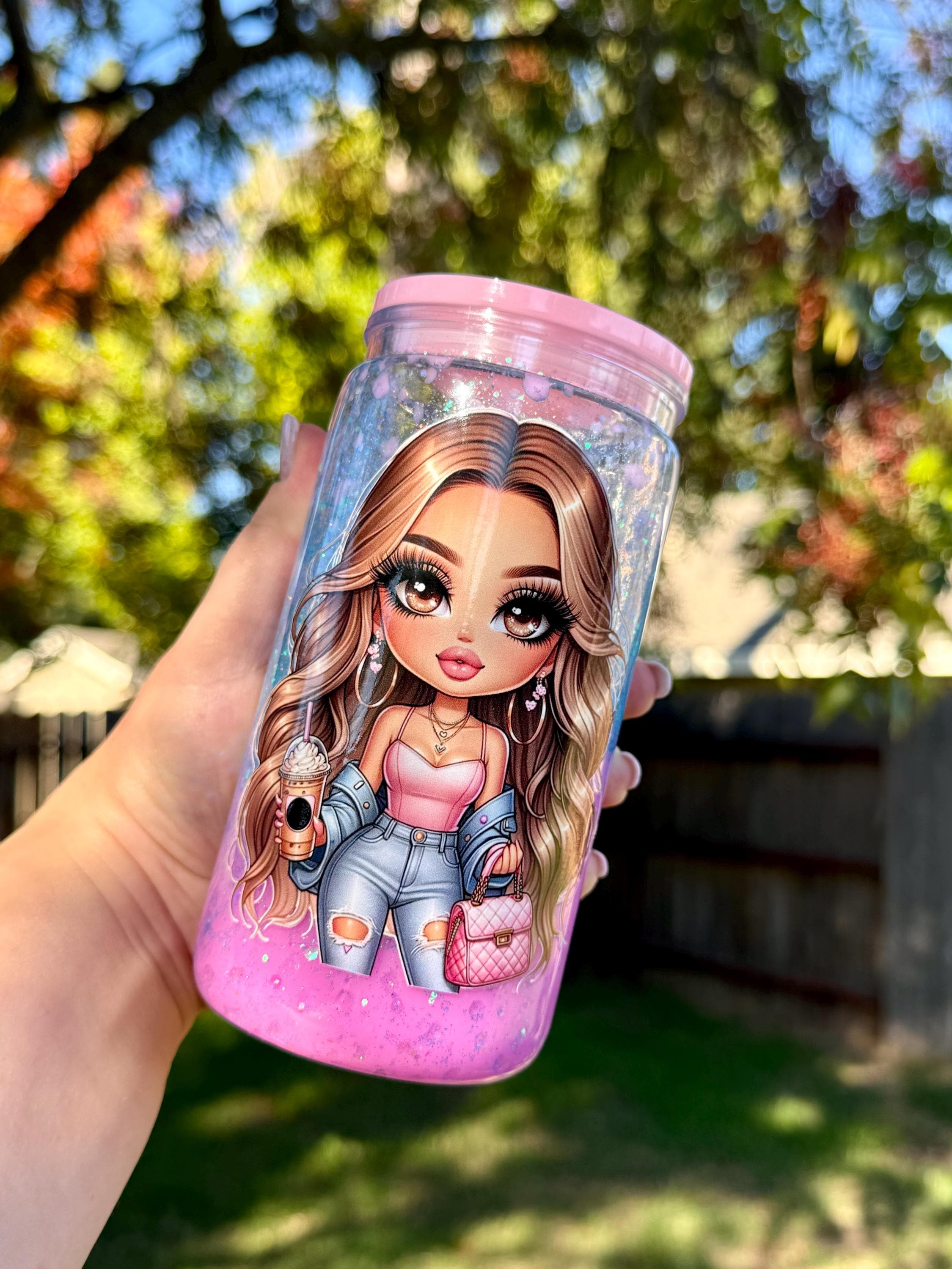 Fashionable Girl Acrylic Cup, Pink Iridescent Tumbler with Straw, 16 oz