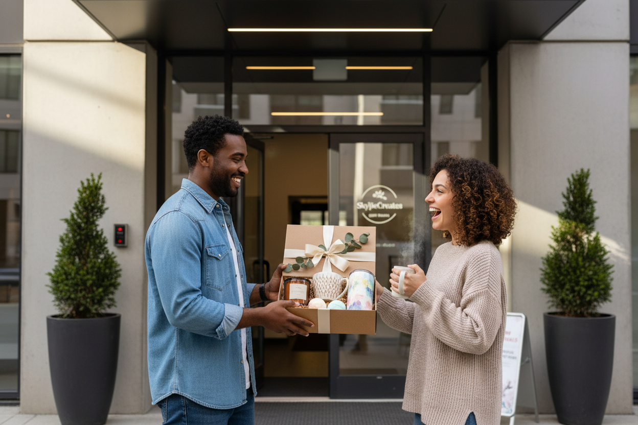 Modern apartment doorstep gift-giving scene